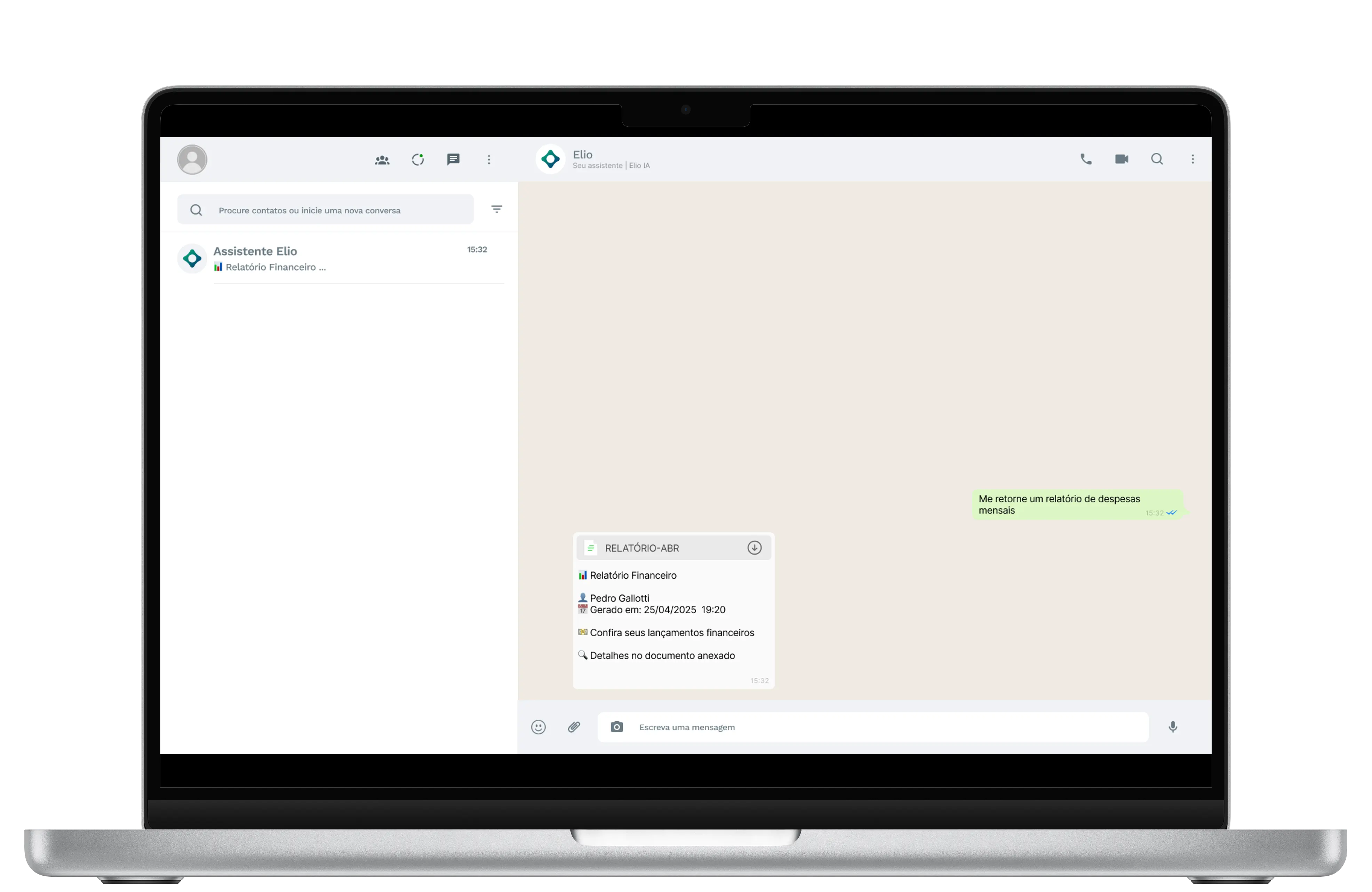 Um mockup de laptop mostrando o programa Whatsapp com o contato da Elio