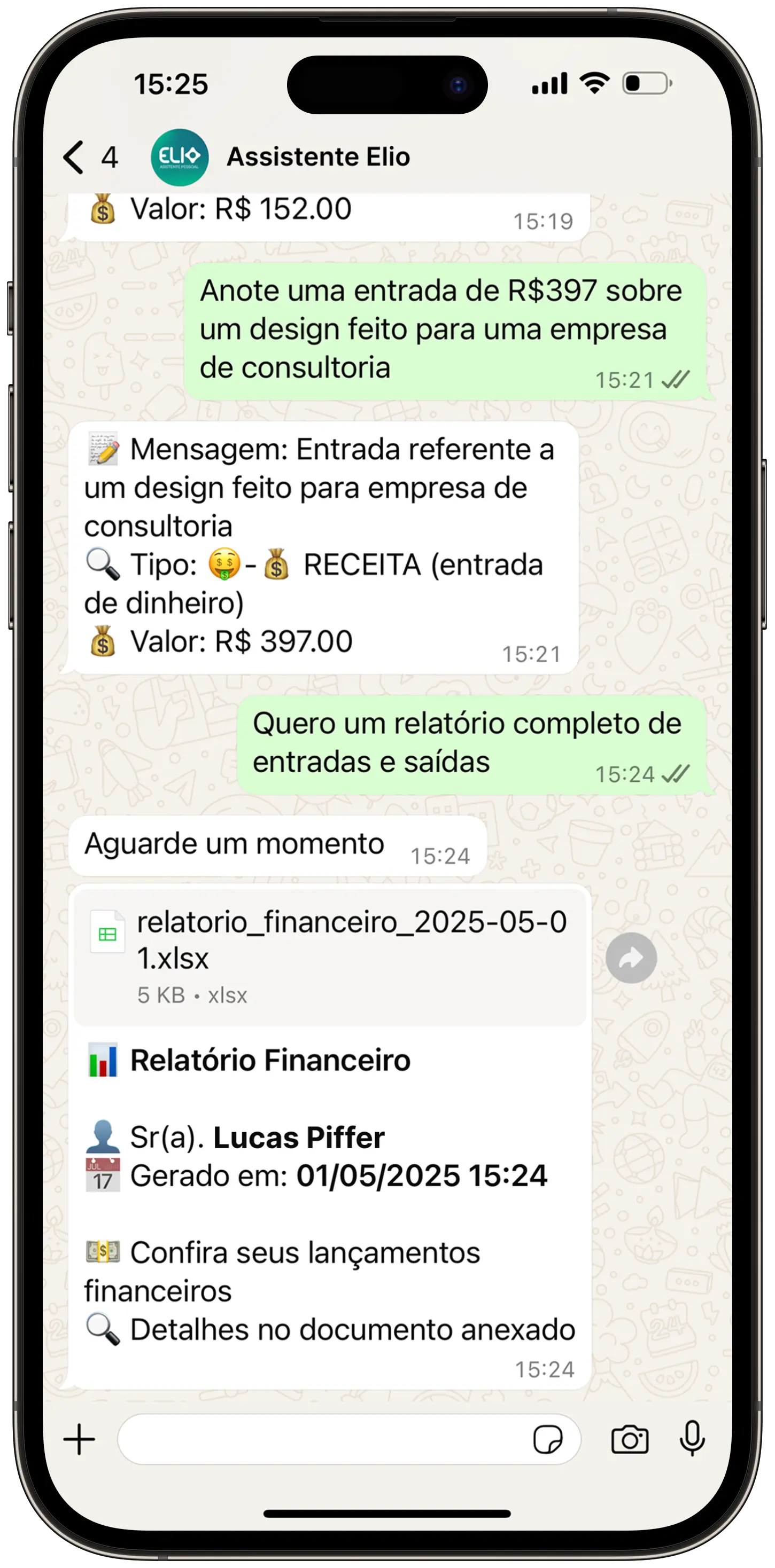 Um mockup de celular mostrando o aplicativo Whatsapp com o contato da Elio